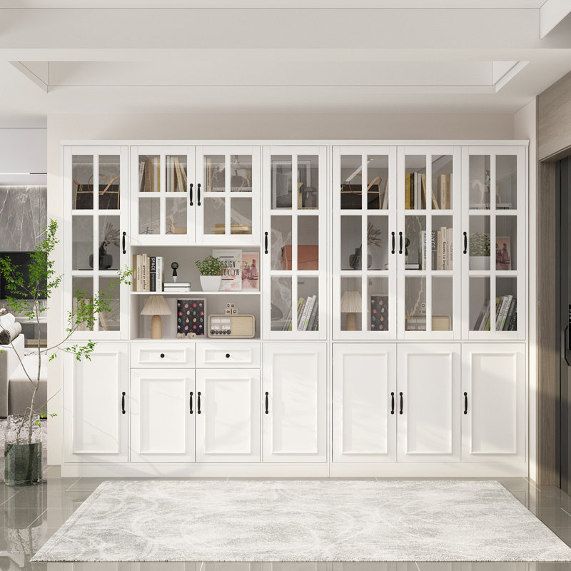 Brampt 78.7" H Multi-Section Pantry Cabinet with Glass Display Doors, Drawers & Closed Storage – White Finish
