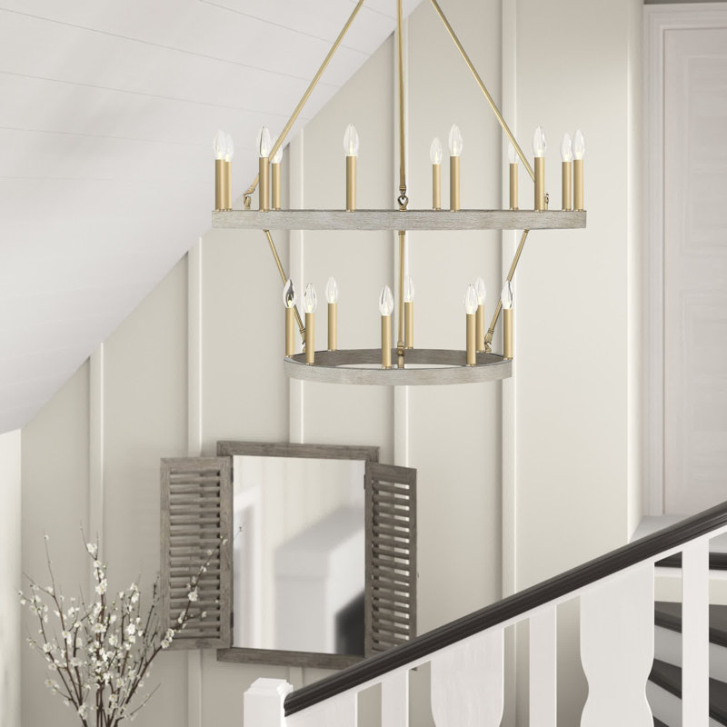 Musser 20 - Light Living Room Steel Dimmable Candle Style Wagon Wheel Chandelier, French Ash/Muted Brass