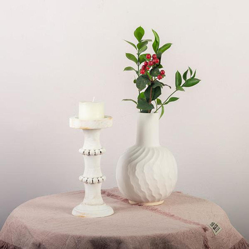 Pilier de table en bois avec bougie incluse, Blanc, H 11 po x l 4,75 po x P 4,75 po