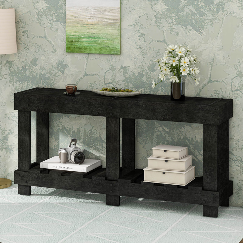 62.9" Vintage Entryway Table, Fir Solid Wood With Natural Grain, 6 Reinforced Legs, Metal Rivet Decor & Plank Under-Shelf