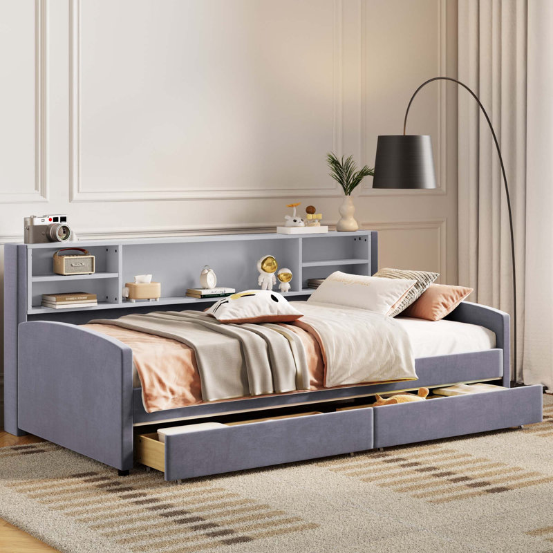 Twin Size Upholstered Platform Bed With Storage And Drawers, Gray