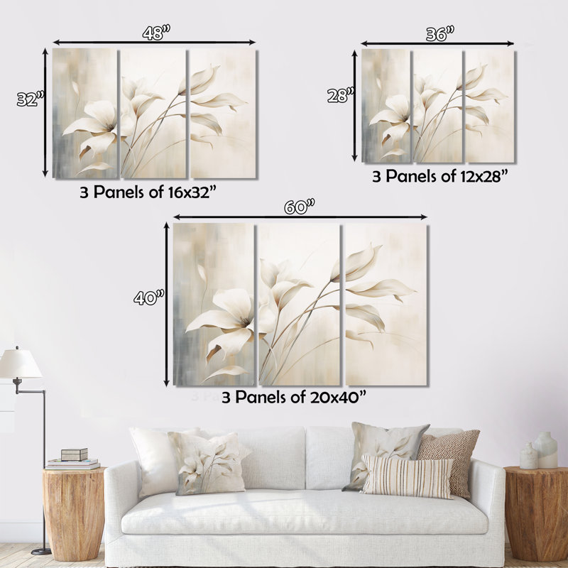 «White Botanical Elegance III», impression sur toile tendue 3 pièces, H 40 po x l 60 po x P 1 po