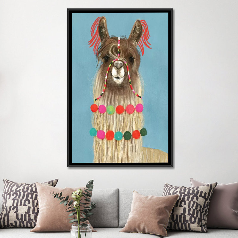«Adorned Llama IV», impression sur toile tendue, H 26 po x l 18 po x P 1,5 po, Toile avec cadre noir, Pas de tapis