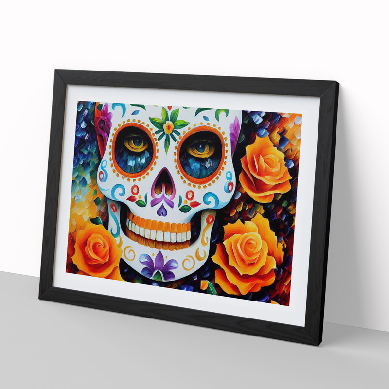 XH1022-2587X Decorated Floral Sugar Skull 1 Piece Single Picture Frame Wall Art, 46cm H x 64cm W x 2cm D, Black