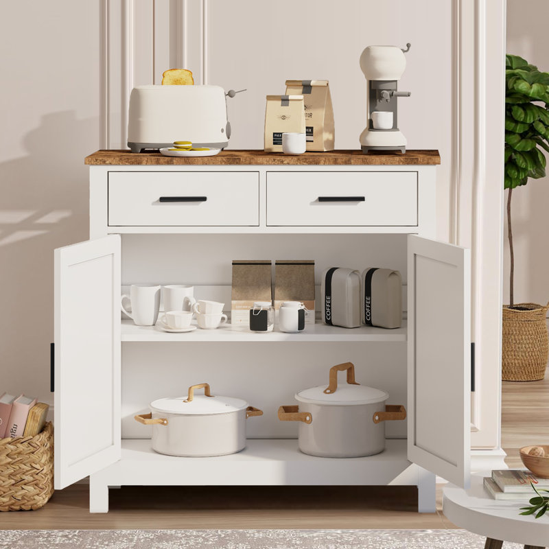Buffet de style champêtre, 80 cm L x 29 cm P x 80 cm H, panneaux de particules, meuble de rangement blanc monobloc avec 2 tiroirs et 2 portes, capacité de charge de 50 kg