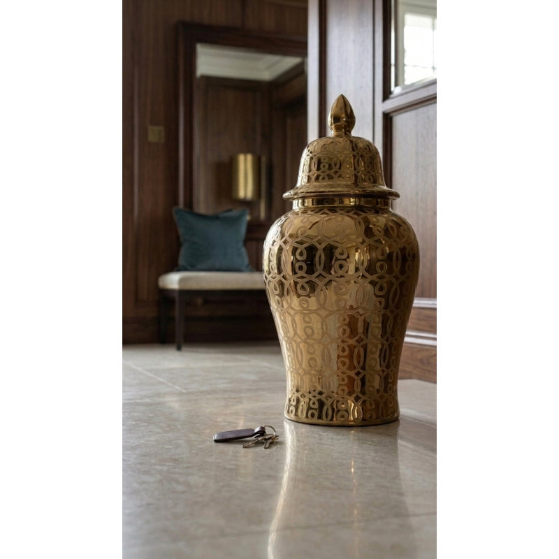 Hudson Handmade Gold Ceramic Ginger Jar with Lid – Available in 3 Sizes, Gold, 33" H x 16" W x 16" D