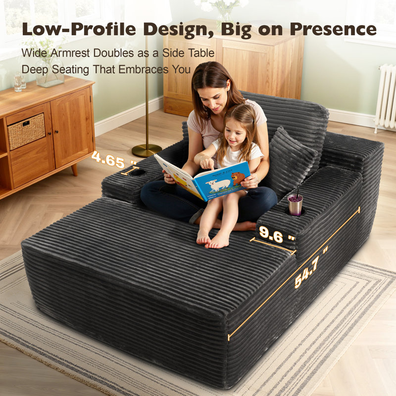 Cloudelle Oversized Plush Corduroy Compression Packed Chaise Lounge Chair , Gray Faux Fur