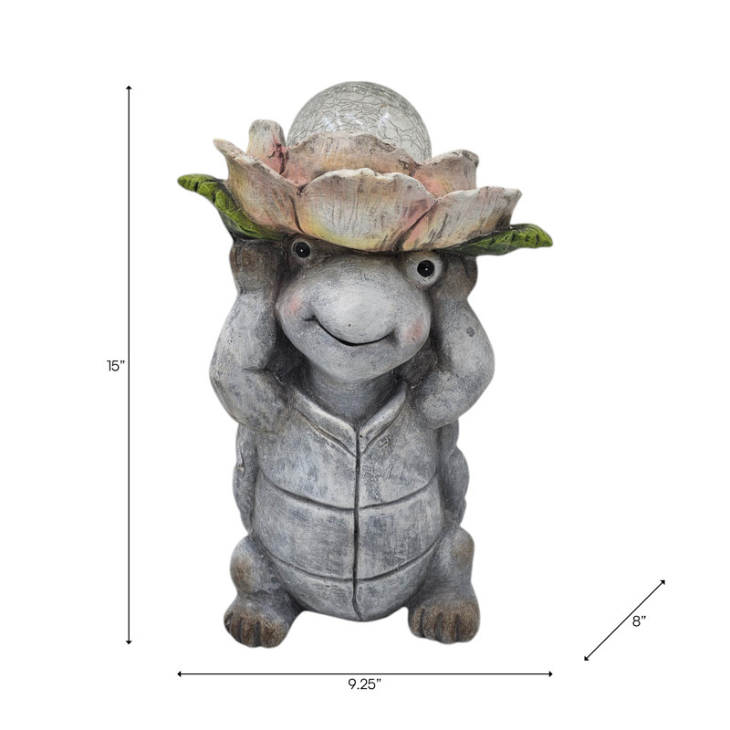 Garden Statuary Magnesia Turtle Design With Flower Cap And Crackled Glass Globe Light For Home Garden Use - 15" Gray