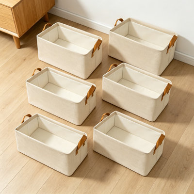Paquet de 6 bacs de rangement pour placard pour tablettes, paniers en tissu moyen avec poignées, organisateurs pliables en tissu pour placard, chambre de bébé, salon, beige 15 po x 10 po x 8 po