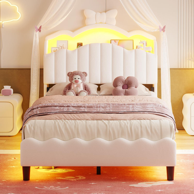 Twin Size Bed Frame With Storage Headboard,Princess Velvet Upholstered Platform Bed Twin With Led Lights & Charging Station,Bow Accent, No Box Spring Needed