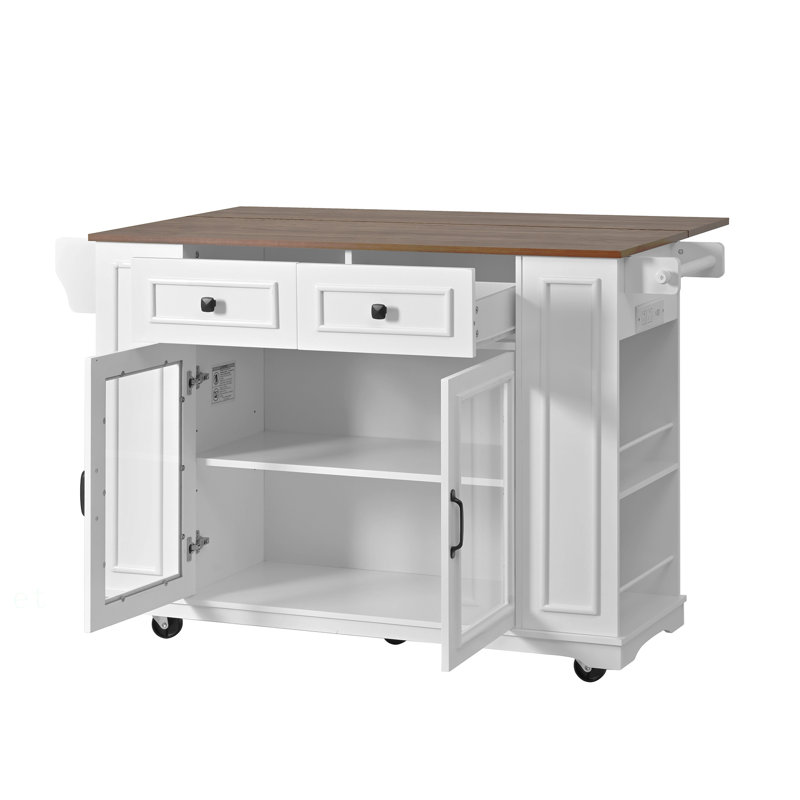 54" Mobile Kitchen Island with Glass Door Storage, Power Outlet & Open Shelves, Rolling Kitchen Cart with Towel Rack, Spice Rack & Knife Holder, Functional Kitchen Prep Table for Kitchen, Dining