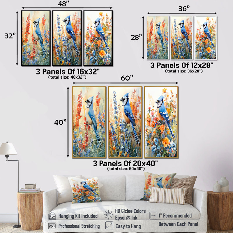Geai bleu dans le jardin d'été I - Collection moderne de reproductions sur toile, Toile tendue, H 28 po x l 36 po