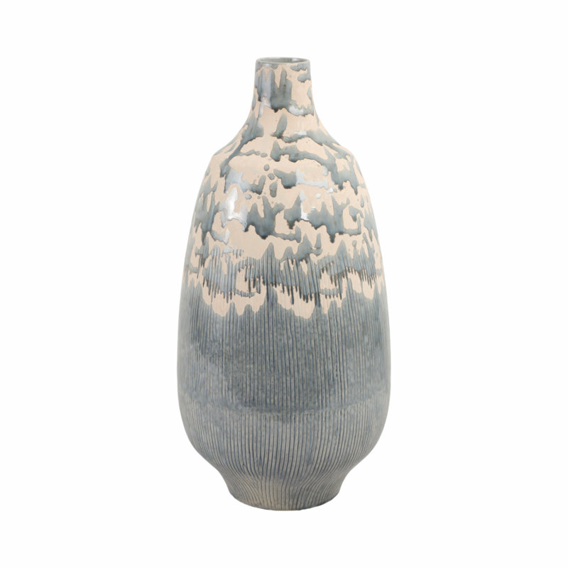 Vase de table décoratif en grès émaillé décoratif pour décoration intérieure - Grand vase moderne pour décoration de salon ou de vestibule - Gris et ivoire