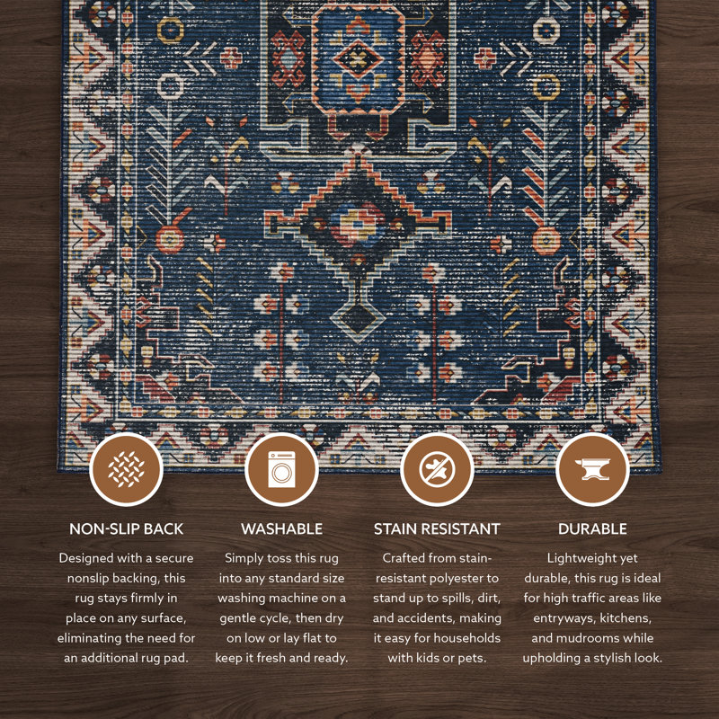 Alburnett Machine Washable Teal and Ivory Area Rug, Rectangle 5' x 7'