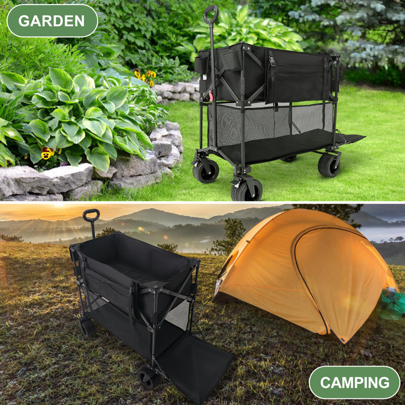 Collapsible Double Decker Wagon, 54In Extended Utility Folding Wagon Cart With Tailgate, 550LBS Large Capacity Heavy Duty Foldable Wagon