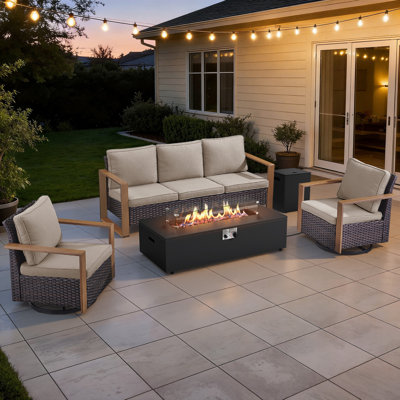 Drazen 5 - Person Patio Furniture Set With Fire Pit Table, All-Weather Wicker Outdoor Conversation Set With Chair And Thick Cushions