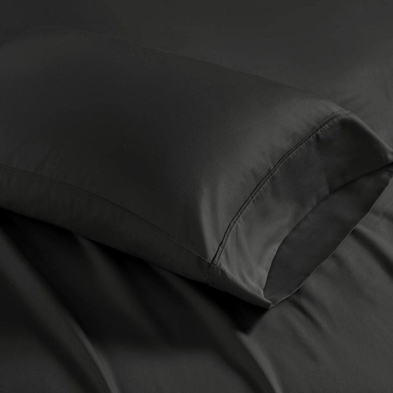 Très grand drap - mélange de coton 1500 fils, tissage froissé, matelas à poches profondes 18 po, 2 taies d'oreiller, lavable à la machine, drap noir 4 fils froissés, ajusté jusqu'à 18 po,,