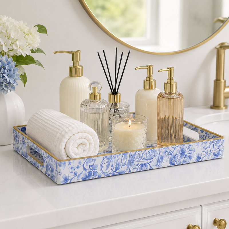 Blue White Peony Decorative Serving Tray with Handles, Rectangular Polypropylene Tray for Home Decor