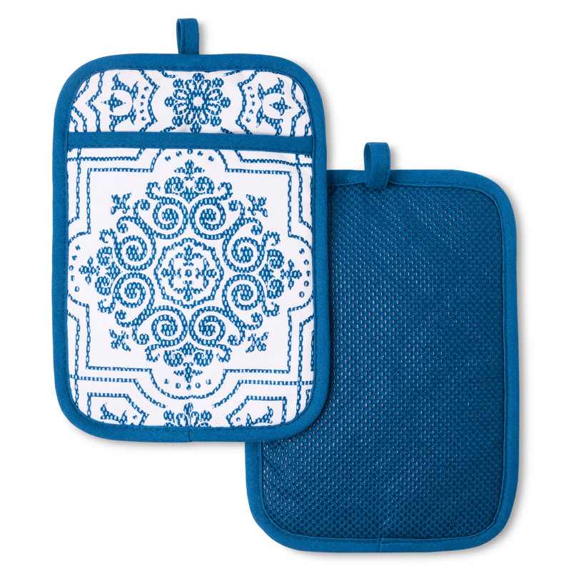 MARTHA STEWART Strie Medallion Pot Holder 2-Pack Set Navy Blue 7"x10"