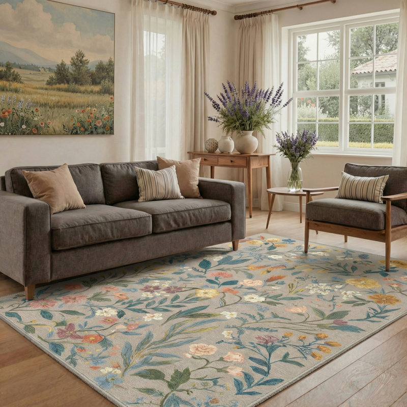 Eden Floral Machine Washable Floral / Blush Pink Indoor Runner Rug With Non-Slip Backing, Rectangle 6' x 9'