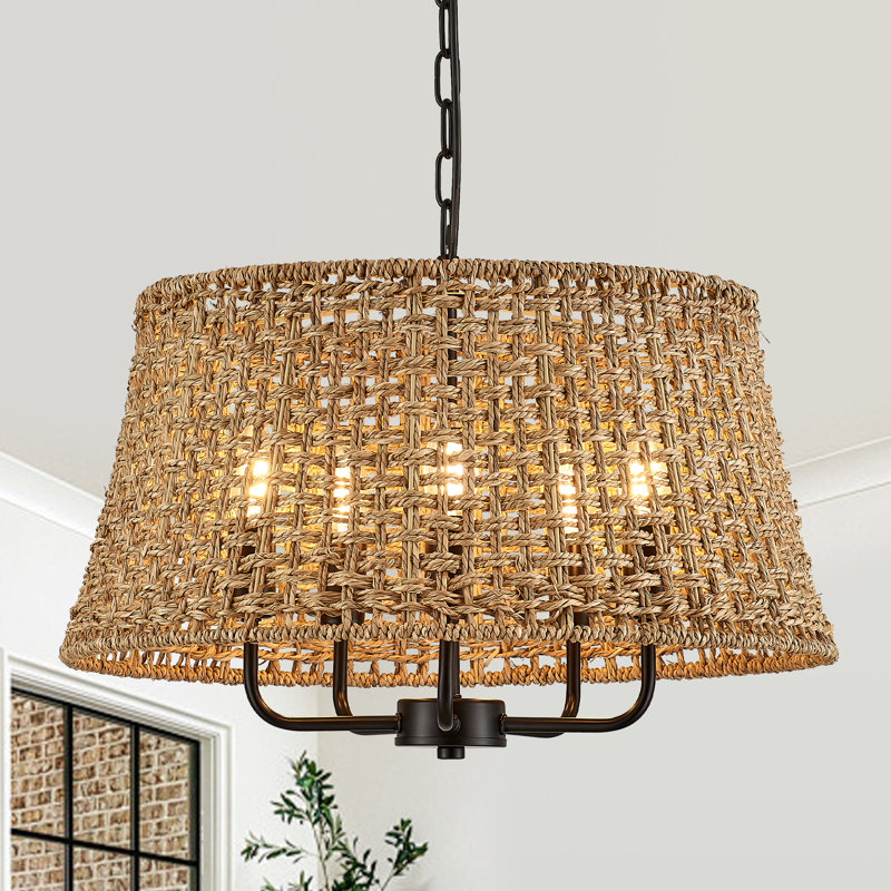 5-light Boho Farmhouse Hand-woven Rattan Chandelier, Matte Black