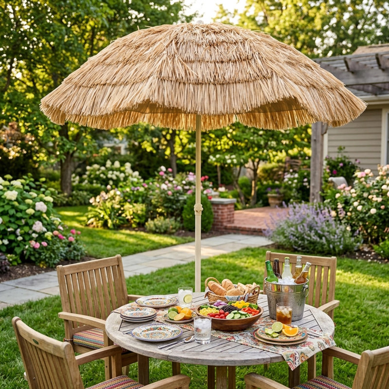 6.1ft Octagonal Thatch Beach Umbrella With Base And Adjustable Height