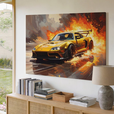 Golden Amg Gt Racing High Speed Motion In Fiery Cinematic Style Canvas Wall Art Ready To Hang Gallery Wrapped Home Decor Modern Design
