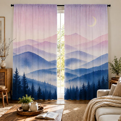 Lot de rideaux aquarelle paysage de montagne, forêt brumeuse, scène sereine imprimée, dégradé de violet et de bleu avec croissant de lune, protection solaire pour chambre et salon.
