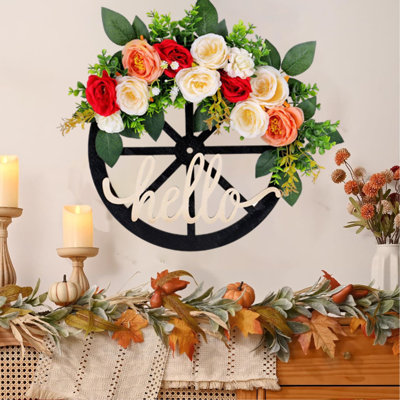 Couronne de roue de chariot, couronne de printemps et d'été, couronne de fleurs artificielle, couronne de tournesol jaune pour porte d'entrée, fenêtre murale, maison de campagne rustique, fête, décoration de maison