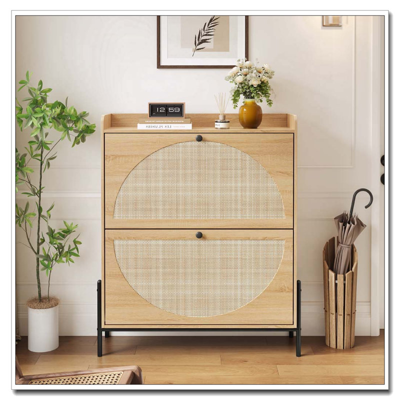 2-Drawer Wooden Shoe Cabinet with Rattan Doors, Bouguer Walnut