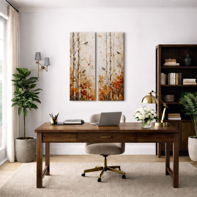 «Snowy Birch Forest Landscape with Birds and Autumn Leaves Woodland Nature Scene», art mural pour salon, chambre à coucher, chalet, bureau, entrée, couloir