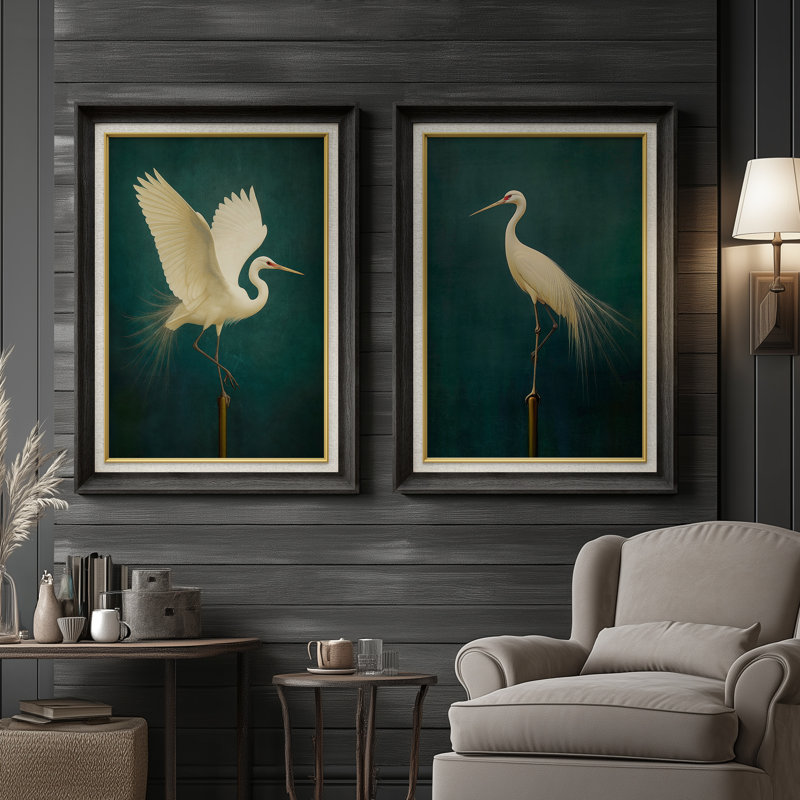 Élégante grue blanche profonde émeraude classique - ensemble de 2 reproductions d'art encadrées de qualité supérieure sur papier 26 po x 36 po