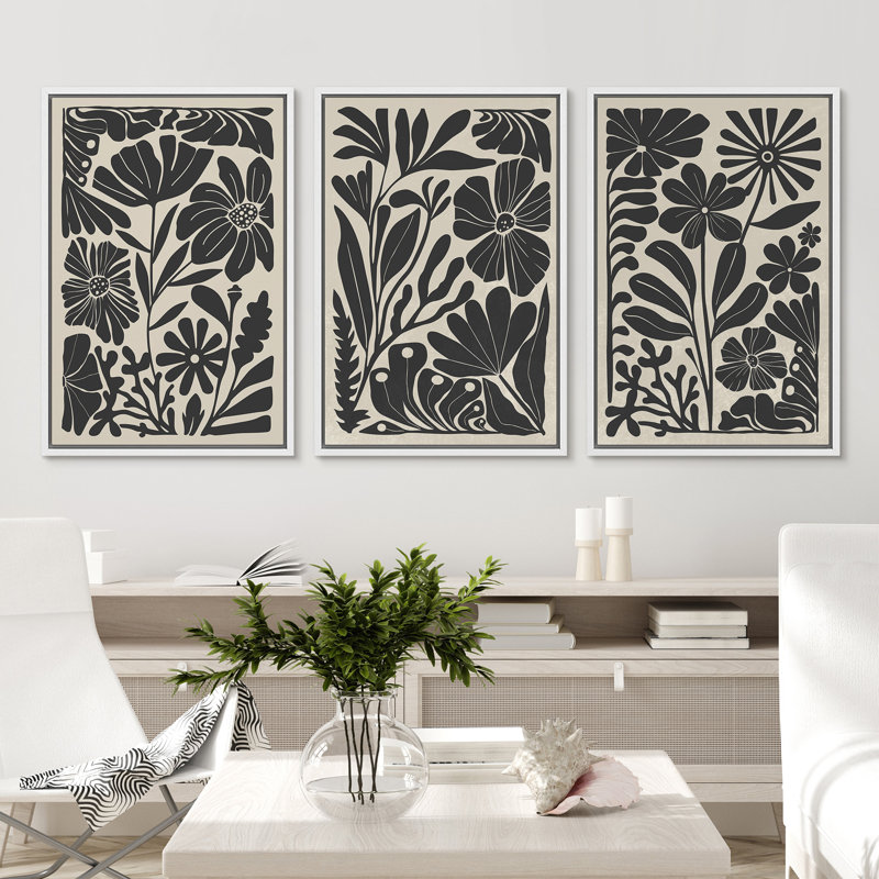 Abstrait botanique, art floral bohème noir et beige, photos murales de salon de style Mid-Century moderne, impression sur toile encadrée, 3 pièces, 16 po x 24 po x 3 pièces, 24 po x 36 po x 3 pièces, 20 po x 60 po x 3 pièces