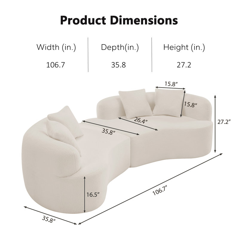Canapé incurvé modulaire à compression, 2 sections autoportantes, rembourrage en peluche, support en mousse et à ressorts, sans canapé d'assemblage pour les petits espaces