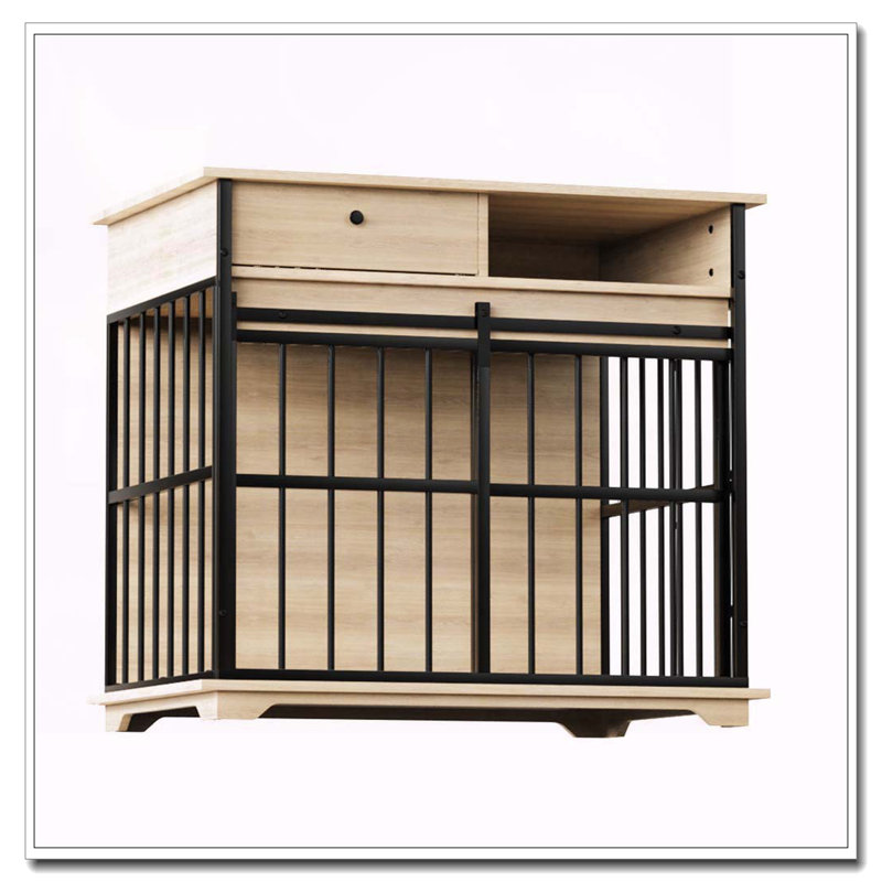 Meubles pour cage de chien, meubles pour grande cage avec plateau pour chiens de taille moyenne, chenil en bois, Noir/naturel
