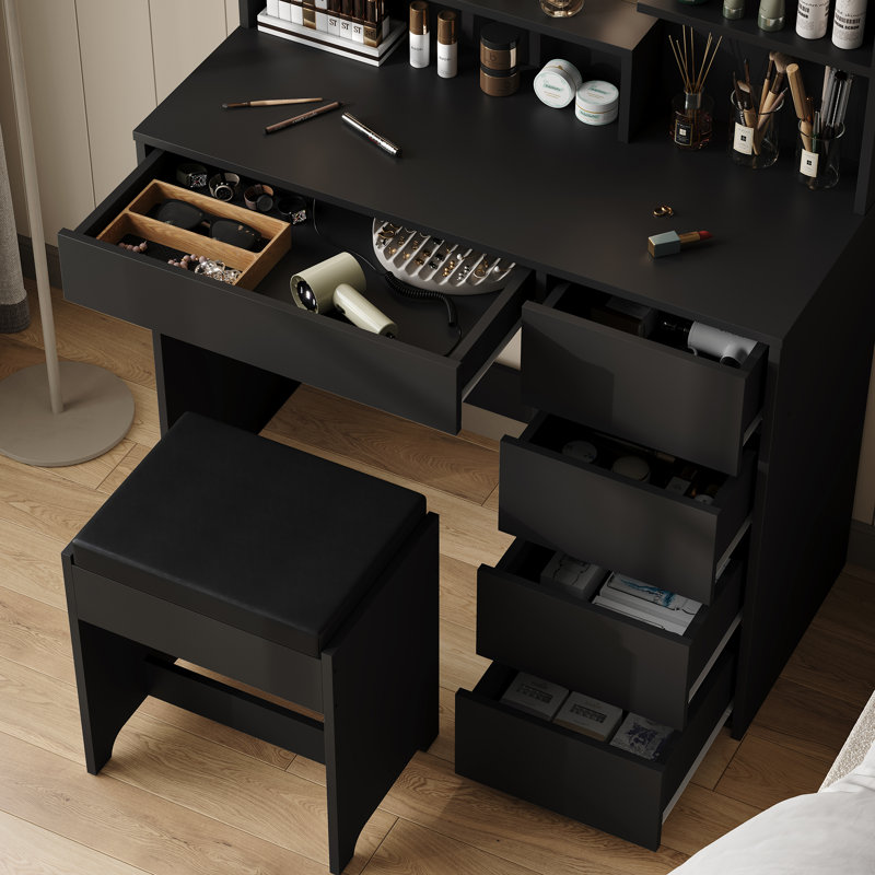 Ensemble de coiffeuse avec miroir à lumière DEL et 5 tiroirs, ensemble de coiffeuse avec tabouret pour chambre Shylo
