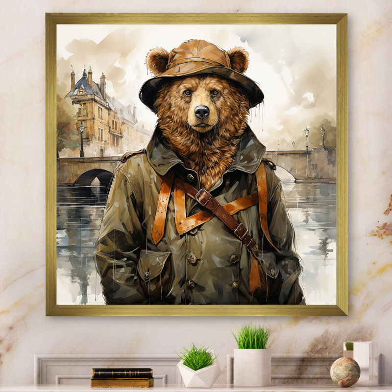 Ours en costume détective campagne I - ours 2, art mural, Cadre doré simple, H 30 po x l 30 po x P 1,5 po
