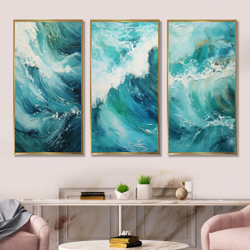 Expression de vagues bleu sarcelle, Cadre flottant doré, H 28 po x l 36 po