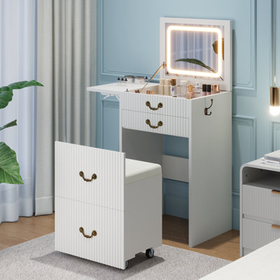 Compact 3-in-1 Vanity Desk With Flip-up Led Mirror, 3 Drawers, Extended Desktop And Hidden Stool Storage by Wrought Studio