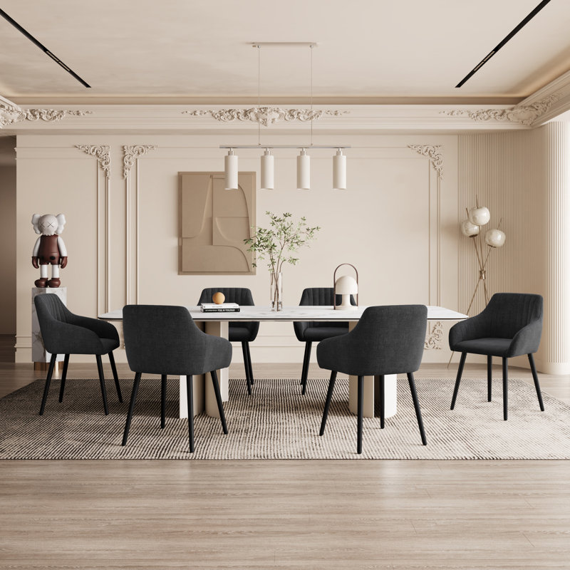 49.5cm H Upholstered Dining Chairs With Wooden Legs, Dark Grey Linen/Black, 6