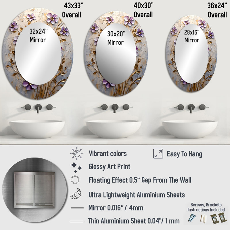Lilas mauve, fleurs dorées et mélodie II - miroir décoratif floral ovale sur métal, 36 po x 24 po