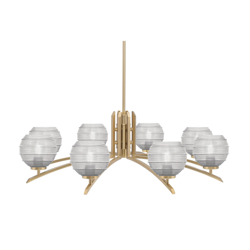 Lustre 8 lumières kurve présenté en finition nouvel âge laiton avec verre nervuré de 6 po, Transparent
