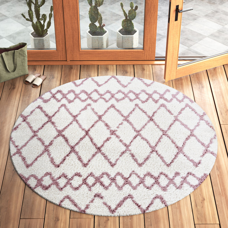 Tapis géométrique ivoire / rose clair Allandy, Rond 6 pi 7 po