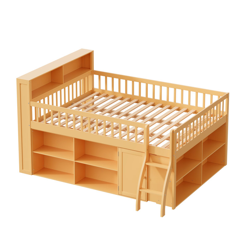 Lit mezzanine double avec rangement, tête de lit avec lumière DEL, naturel, Naturel, Lit double