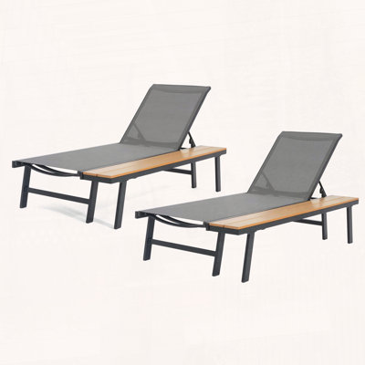 Waterloo Chaise Lounge with Attached Wood Side Table Set of 2, Adjustable Outdoor Recliners