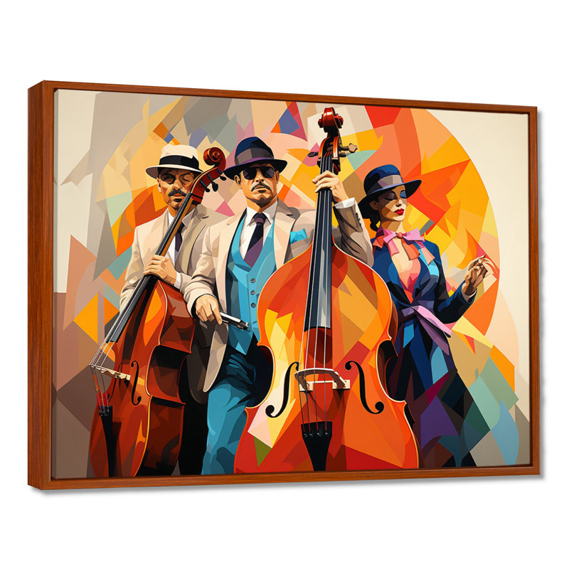 Jazz trio contrebasse et chanteur géométrique, Toile avec cadre flottant brun, H 24 po x l 32 po x P 1 po