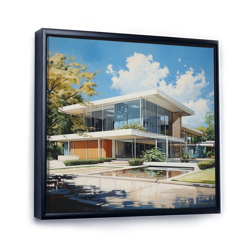 Élégance architecturale beige Mid-Century - imprimé, Cadre flottant noir, H 36 po x l 36 po x P 1,5 po