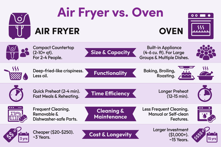 chart comparing air fryer vs. oven, including cost, size, capacity, functionality, time efficiency, and maintenance