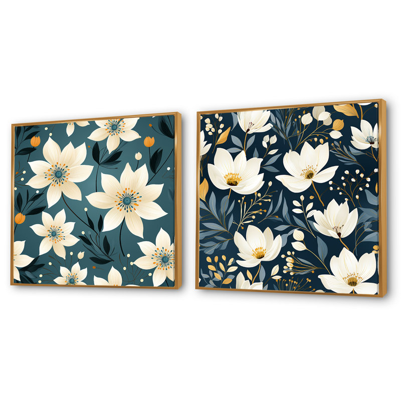 Erine - Ensemble de 2 collages carrés floraux, Cadre flottant doré, H 36 po x l 73 po
