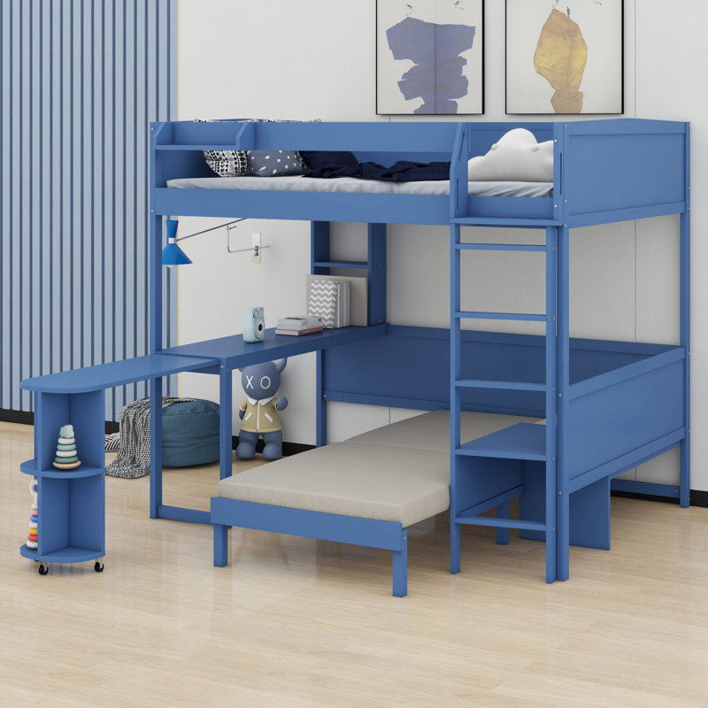 All-in-One Wood Loft Bed with Desk, Bedside Storage, Sofa and Lighting, Navy Blue
